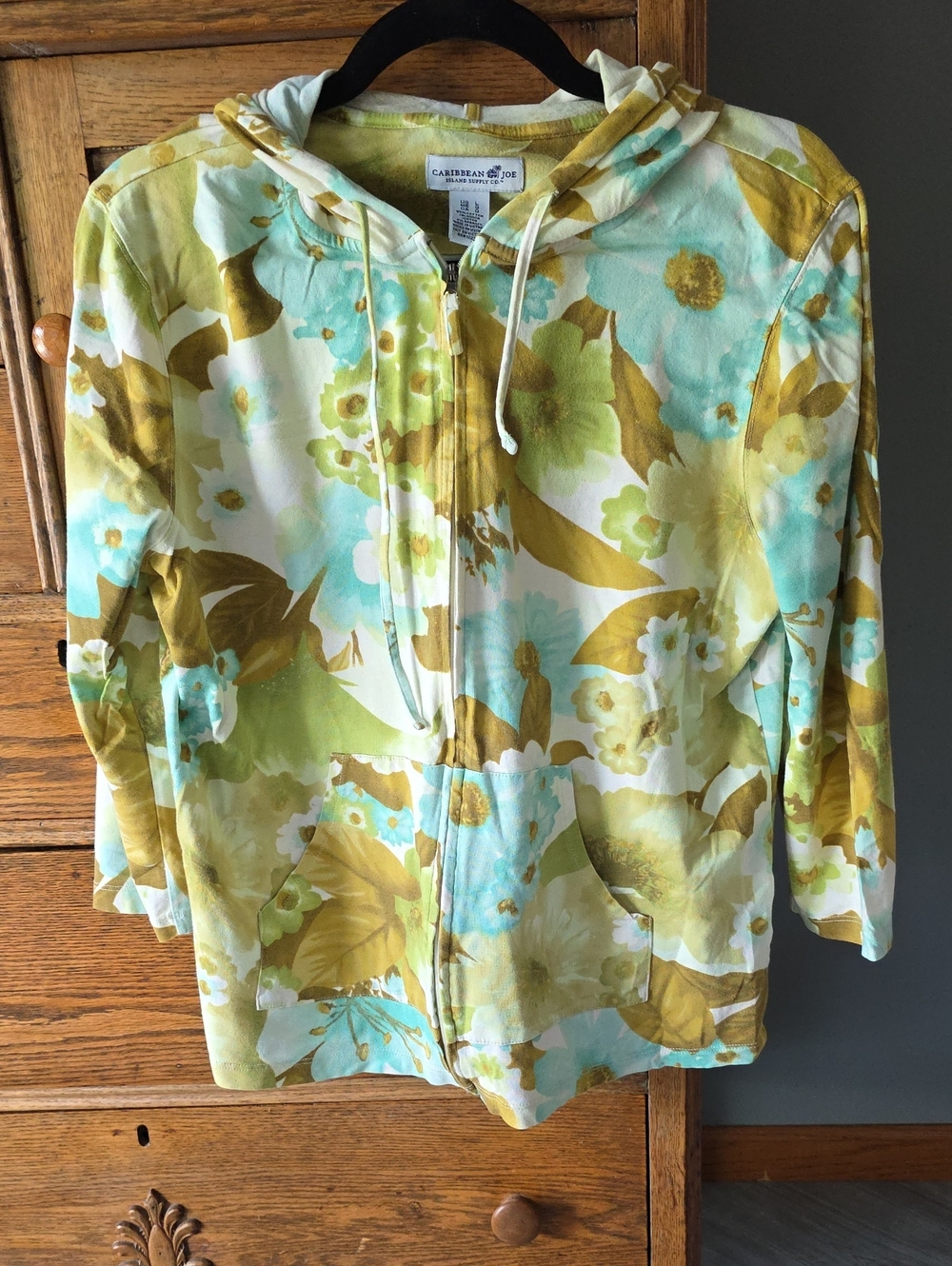 🌿 Caribbean Joe Zip Hoodie in Aqua, Green & Gold Floral
